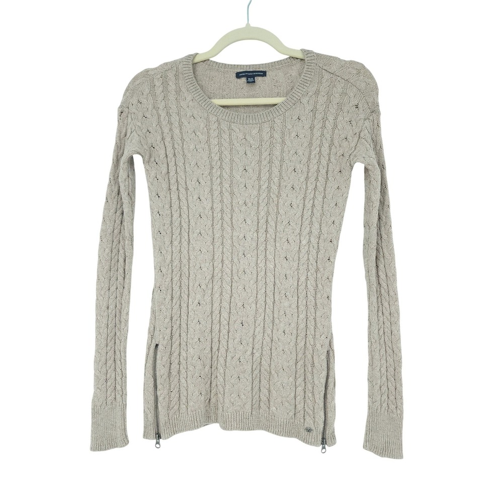 American Eagle CableKnit Sweater Women XS Beige Side Zip Soft Casual Cottagecore